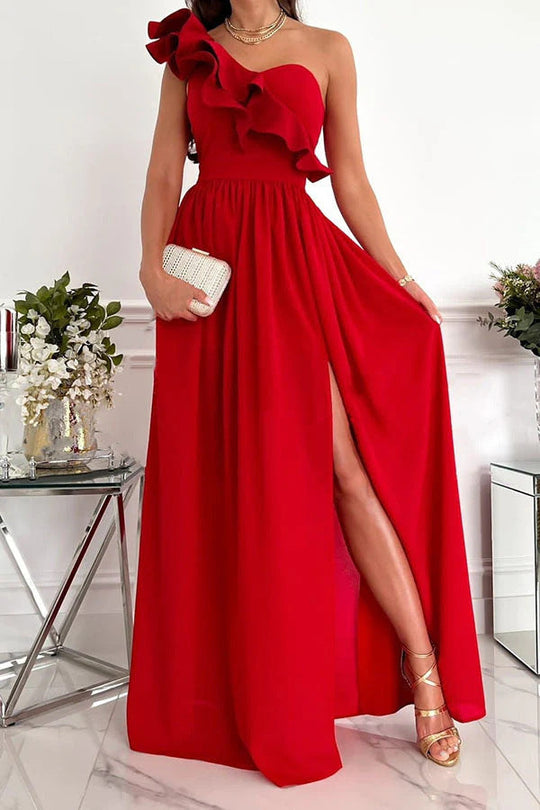 Damen Maxikleid mit asymmetrischem Schnitt und voluminösem Rüschendetail