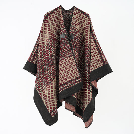 Damen Wollponcho mit geometrischem Karomuster und Knebelverschluss Shop Nory