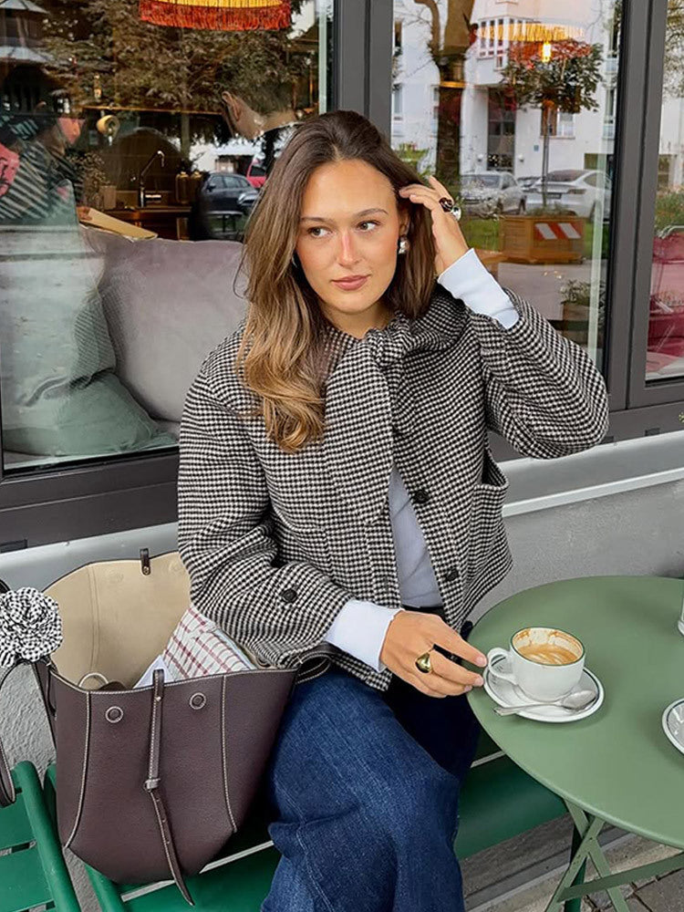 Damen Kurzjacke im Hahnentrittmuster mit Schleifenkragen Shop Nory