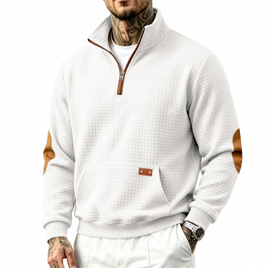 Herren Stehkragen-Halbzip-Sweatshirt mit karierter Reliefstruktur und Lederoptik-Ellenbogenpatches Shop Nory