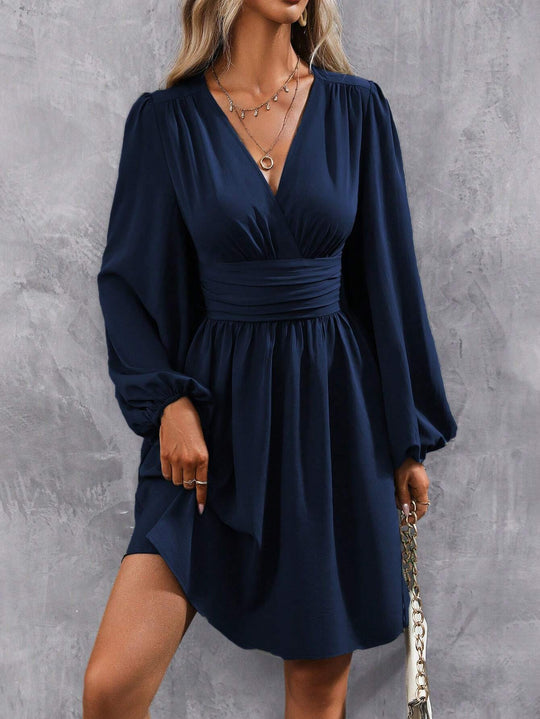 Damen Knielanges Wickelkleid mit eleganten Puffärmeln