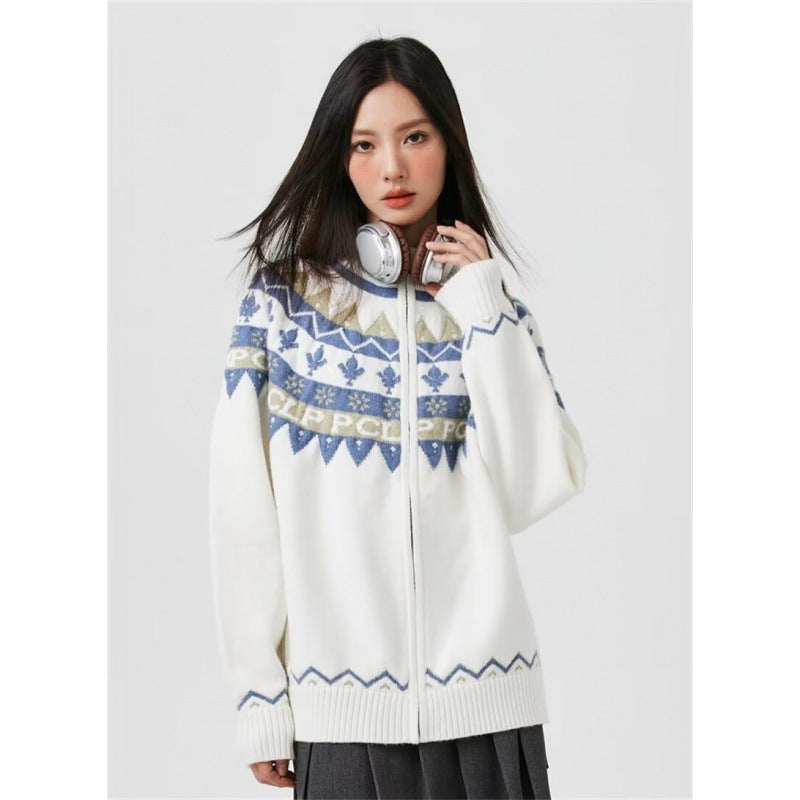 Damen Lässige Strick-Zipjacke mit Jacquard-Yoke und Rippbündchen Shop Nory
