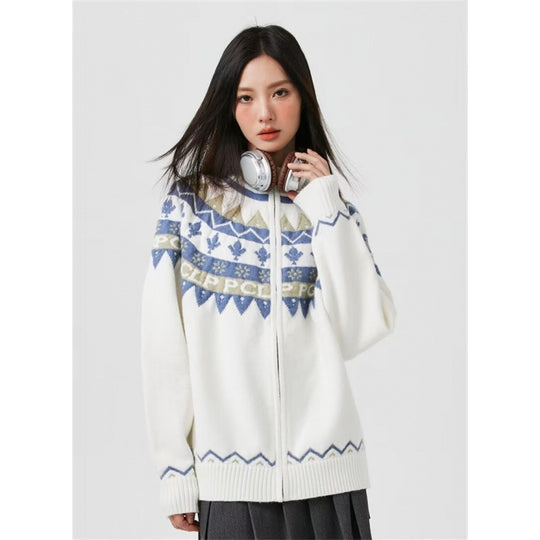 Damen Lässige Strick-Zipjacke mit Jacquard-Yoke und Rippbündchen Shop Nory