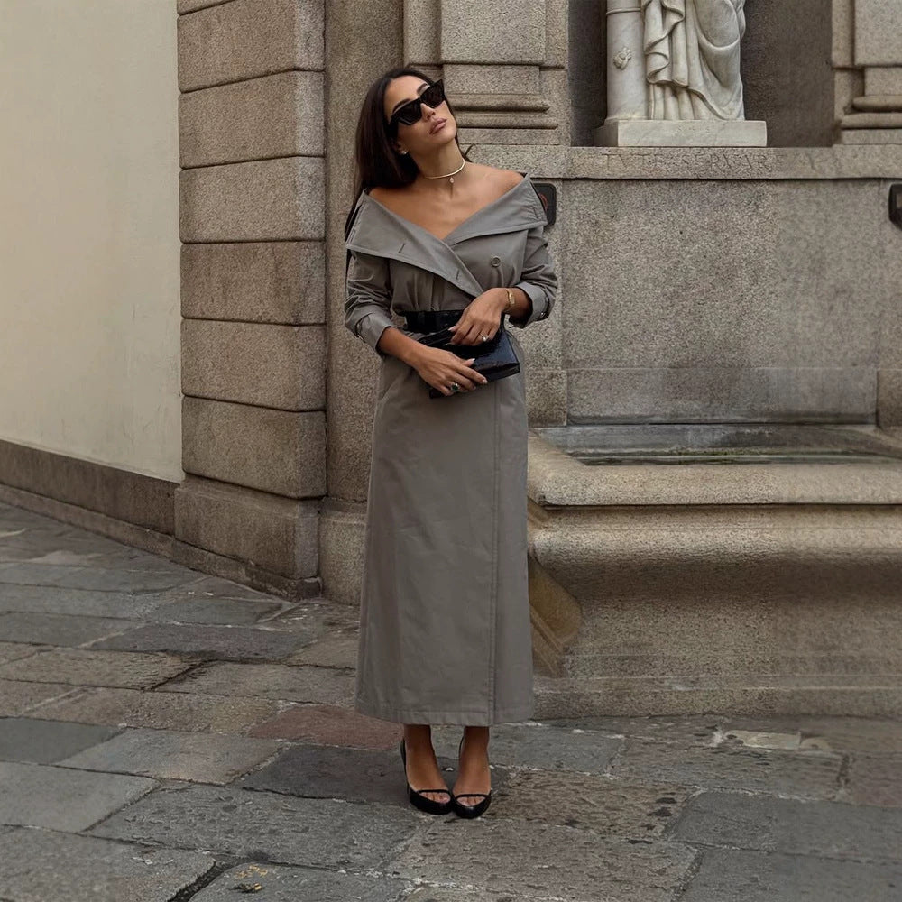Damen Off-Shoulder Trenchkleid mit doppelreihiger Knopfleiste und tailliertem Lackgürtel Shop Nory