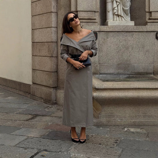 Damen Off-Shoulder Trenchkleid mit doppelreihiger Knopfleiste und tailliertem Lackgürtel Shop Nory