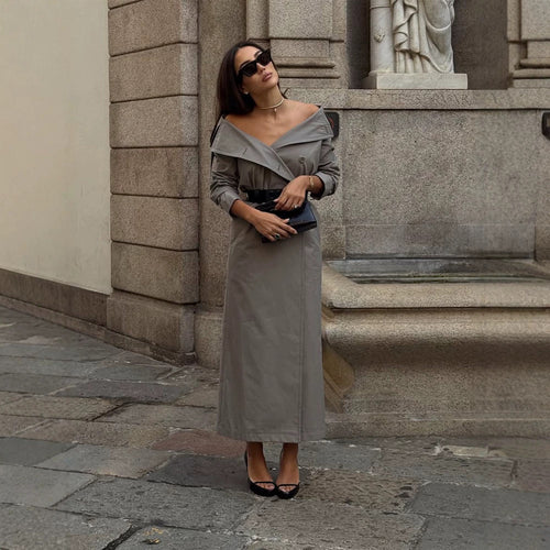 Damen Off-Shoulder Trenchkleid mit doppelreihiger Knopfleiste und tailliertem Lackgürtel Shop Nory