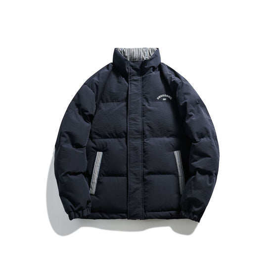 Unisex Kurz geschnittene wattierte Pufferjacke mit hohem Stehkragen und gestreiften Taschenblenden Shop Nory