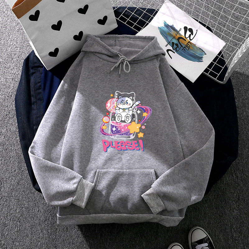 Damen nan oversized Kapuzenpullover im Streetstyle mit weichem Fleece-Innenfutter, Kängurutasche und farbenfrohem Cartoon-Katzen-Planet-Print Shop Nory