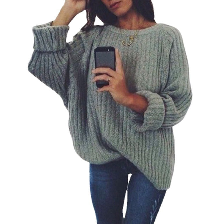 Damen Grobstrickpullover mit lockerem Schnitt und weitem Rundhalsausschnitt
