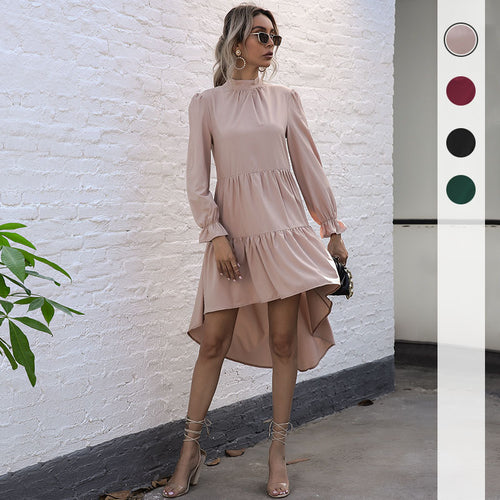 Damen Asymmetrisches Stufen-Midikleid mit Stehkragen, langen Ärmeln und Volant-Saum Shop Nory