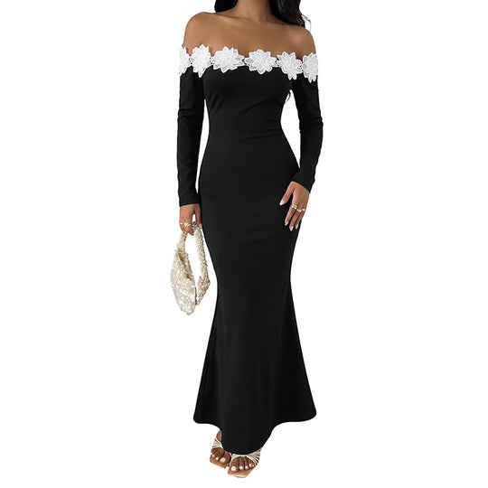 Damen Elegantes Off-Shoulder Maxikleid mit Spitzeneinsätzen Shop Nory