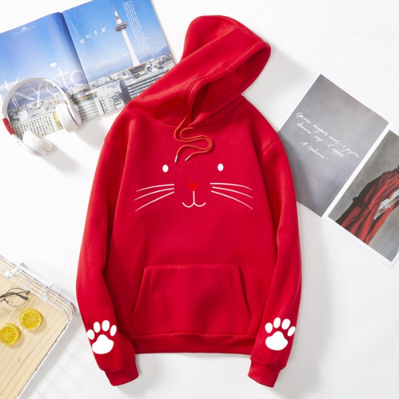 Damen nan Kapuzenpullover mit gedrucktem Katzenmotiv, Kängurutasche und Pfotenapplikationen Shop Nory
