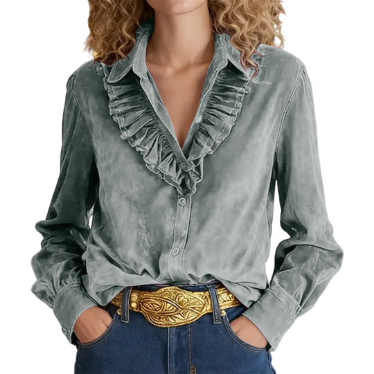 Damen Bluse mit Volantkragen, V‑Ausschnitt und Veloursoptik Shop Nory