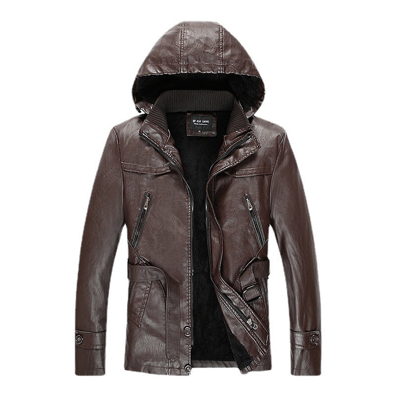 Herren gefütterte Kunstlederjacke mit Kapuze, warmem Teddyfutter und Gürteldetail Shop Nory