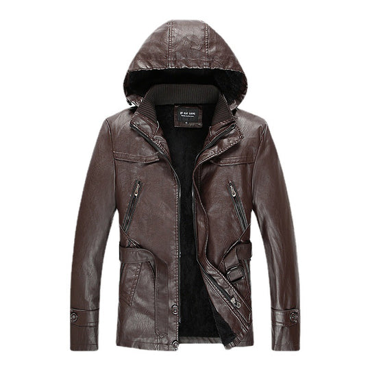 Herren gefütterte Kunstlederjacke mit Kapuze, warmem Teddyfutter und Gürteldetail Shop Nory