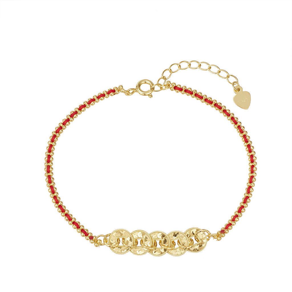Damen kunstvolles Armband mit goldenem Münzdesign und roten Akzentperlen Shop Nory