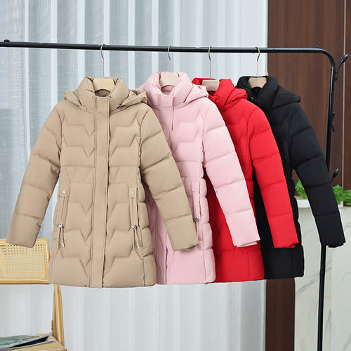 Damen nan mittellanger Steppmantel mit Kapuze, taillierendem Kordelzug und geometrischer Ziersteppung Shop Nory
