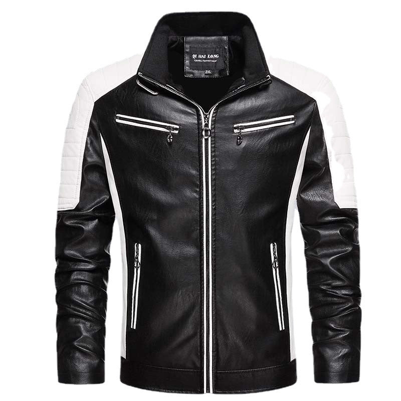 Herren Kunstleder-Bikerjacke im Retro-Racer-Stil mit gesteppter Schulterpanele und Kontrastbesatz Shop Nory