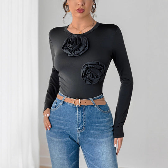 Damen Figurbetonter Langarm-Body mit dreidimensionalen Rosenapplikationen Shop Nory