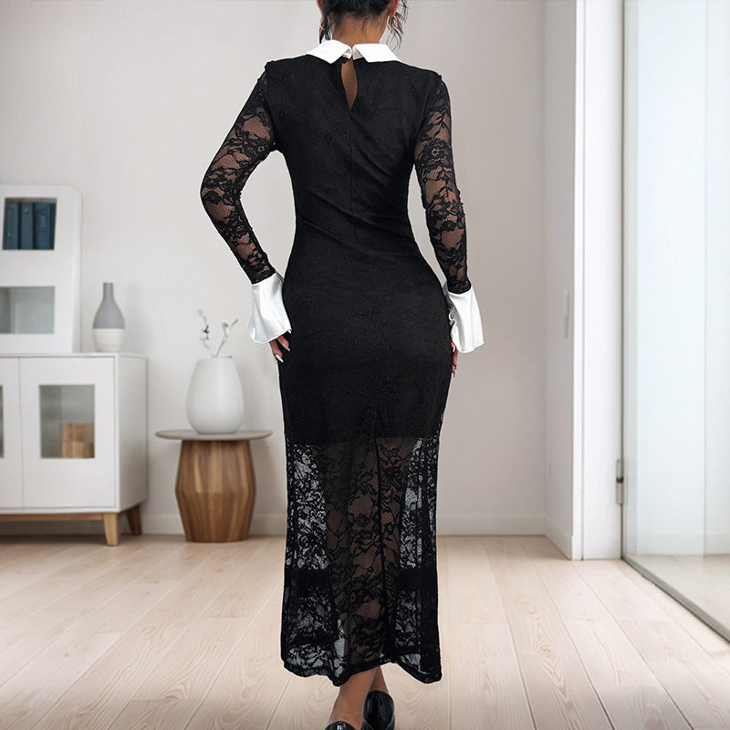 Damen Figurbetontes Midi-Spitzekleid mit kontrastierendem Hemdkragen Shop Nory