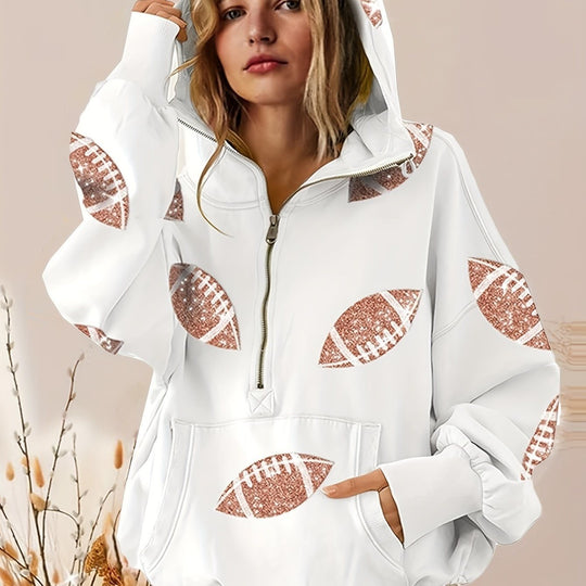 Damen Oversized Kapuzenpullover mit halbem Reißverschluss und Pailletten‑Football-Applikation Shop Nory