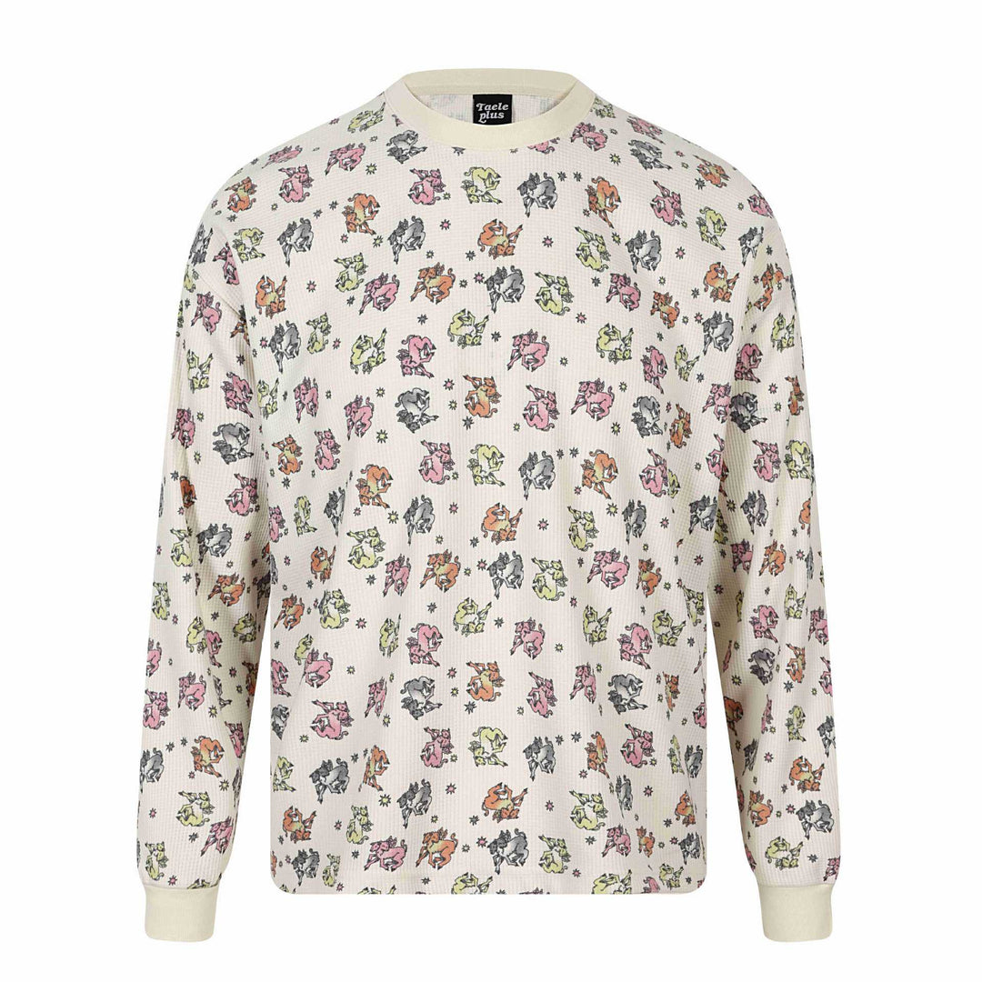 Damen Waffel‑Thermalshirt mit verspieltem Allover‑Print und geripptem Rundhals Shop Nory