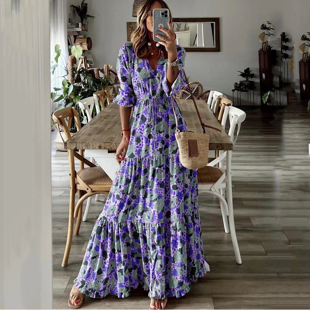 Damen Maxikleid mit Blumenprint, V‑Ausschnitt, Stufenvolant und Tunnelzugtaillen Shop Nory