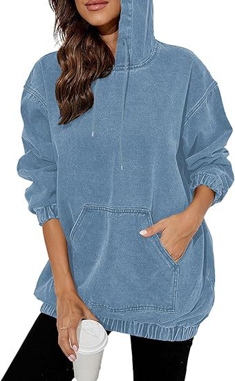 Damen Oversize Kapuzenpullover aus verwaschenem Jeansstoff mit Kängurutasche Shop Nory