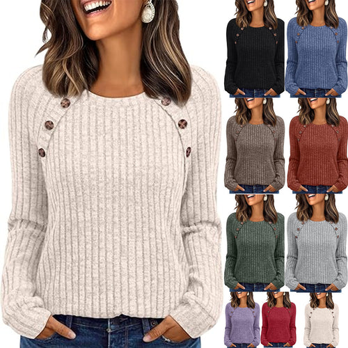 Damen Gerippter Rundhals-Pullover mit dekorativen Schulterknöpfen Shop Nory