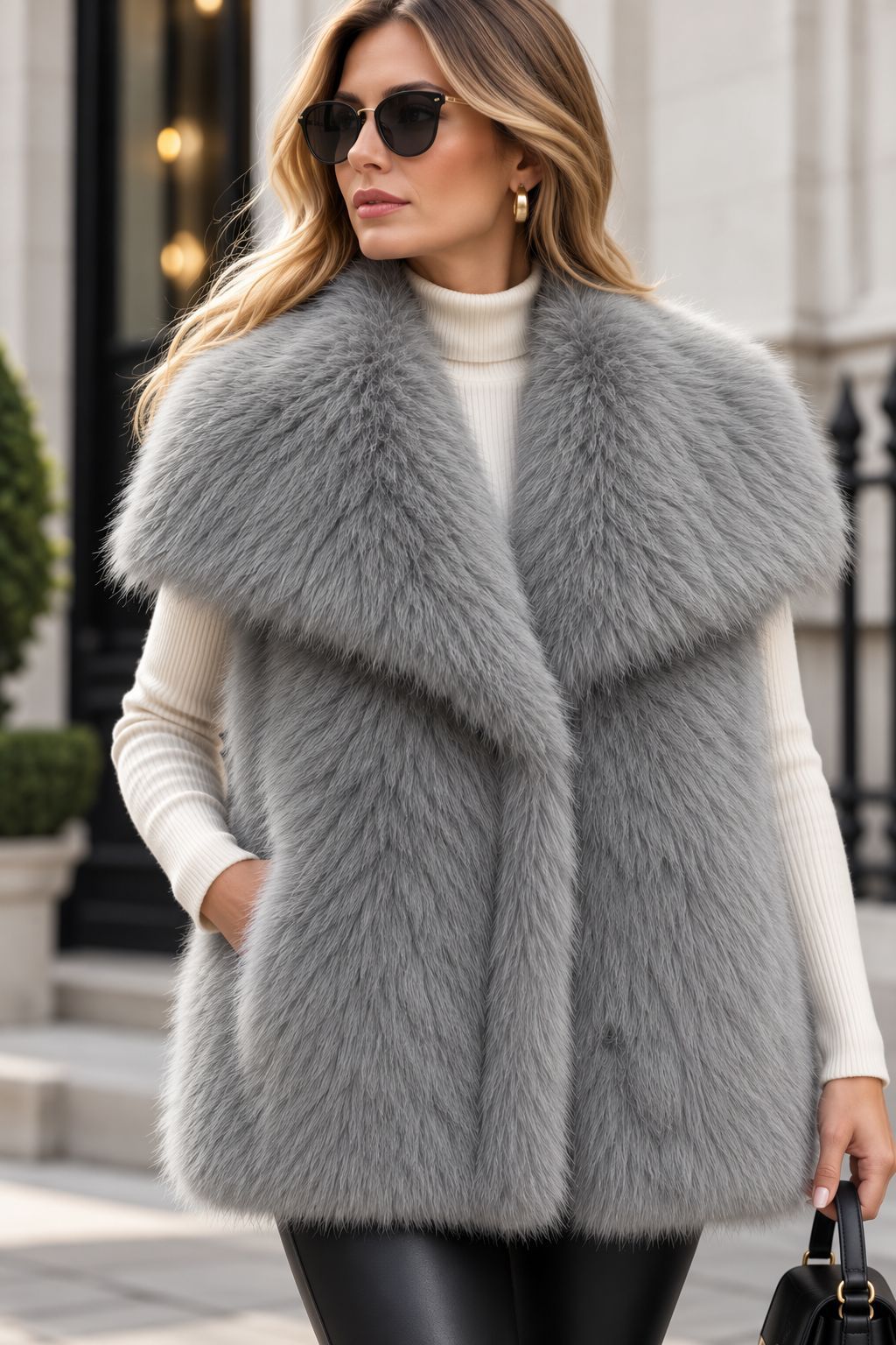 Damen Ärmellose Hochflor‑Kunstfellweste mit voluminösem Schalkragen und Eingrifftaschen Shop Nory