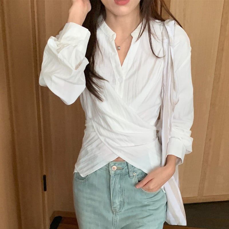 Damen Wickelbluse mit geraffter Taille und Ballonärmeln Shop Nory