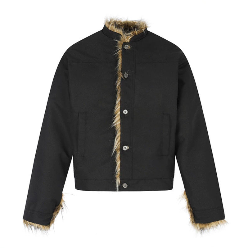 Damen Kurzjacke mit Kunstfellfutter, Stehkragen und verdeckter Knopfleiste Shop Nory