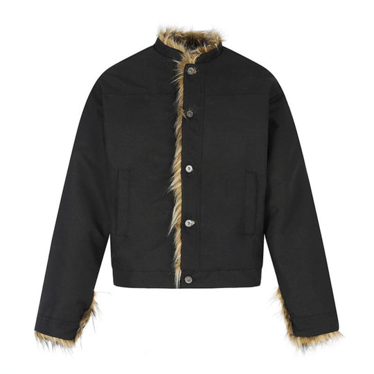 Damen Kurzjacke mit Kunstfellfutter, Stehkragen und verdeckter Knopfleiste Shop Nory