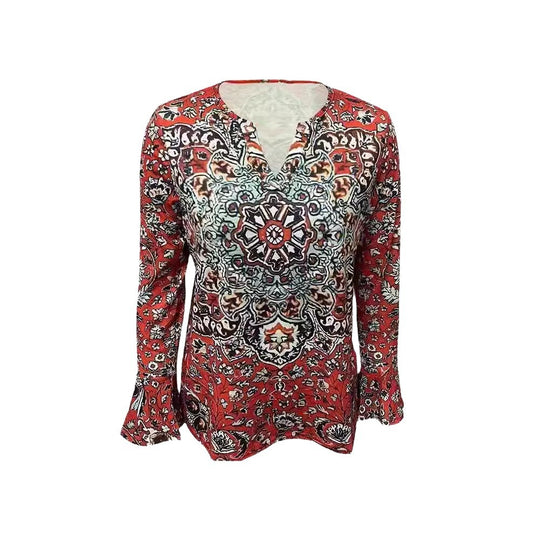 Damen Langarm-Bluse mit ornamentalem Mandala-Print und V-Ausschnitt Shop Nory