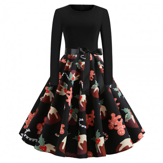 Damen Festliches Tellerkleid im Retro Stil mit langen Ärmeln tailliertem Oberteil und Satin‑Taillenschleife Shop Nory