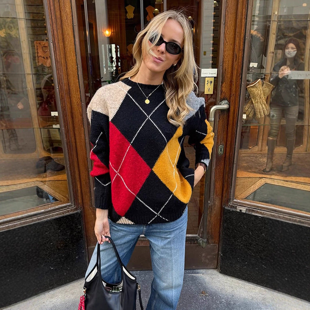 Damen Oversize Argyle-Pullover aus Mohair-Mix mit Rundhalsausschnitt und kontrastierenden Rautendetails Shop Nory
