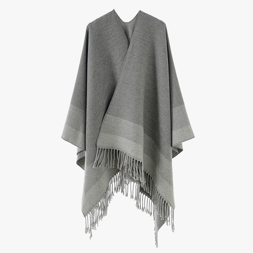 Damen Rechteckiger Wollmix-Poncho-Überwurf mit offener Front und feinem Fransensaum Shop Nory