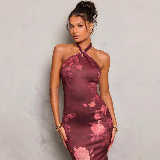 Damen Elegantes Abendkleid mit raffiniertem Floral-Print und Wickeldesign Shopnory