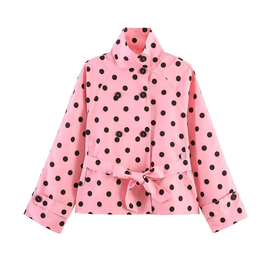 Damen Gekürzter gepunkteter Trenchcoat mit Stehkragen, Taillengürtel und Doppelknopfleiste Shop Nory