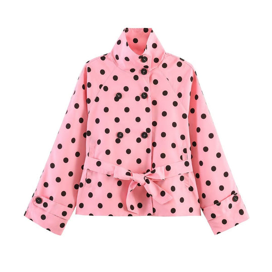 Damen Gekürzter gepunkteter Trenchcoat mit Stehkragen, Taillengürtel und Doppelknopfleiste Shop Nory