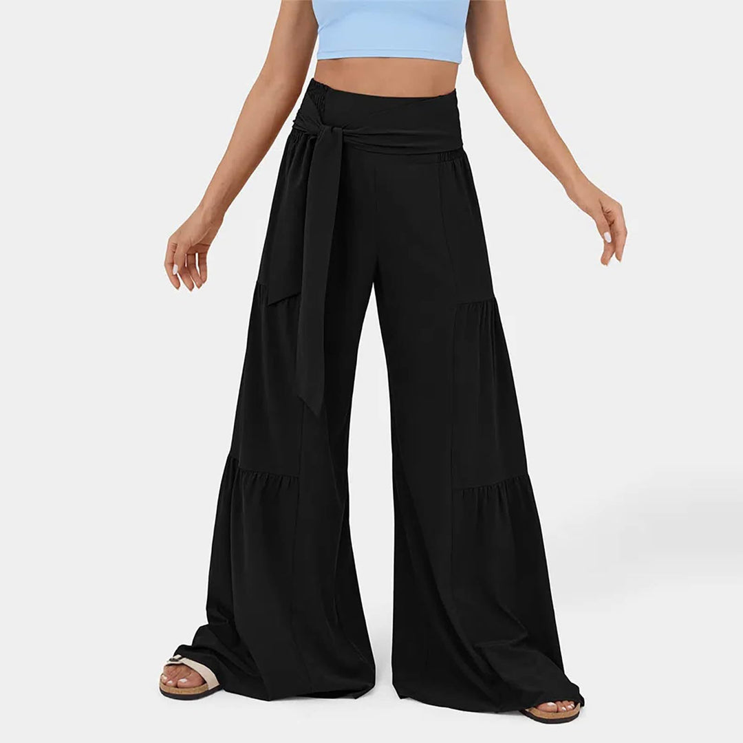 Damen weite Palazzo-Hose mit hoher Taille, bindbarem Taillenband und Stufensaum Shop Nory