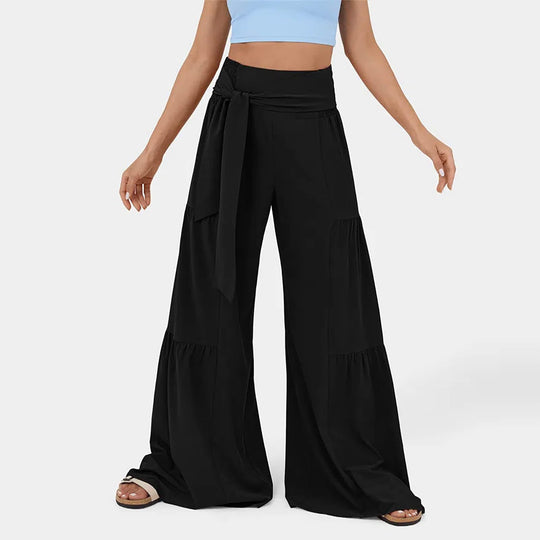 Damen weite Palazzo-Hose mit hoher Taille, bindbarem Taillenband und Stufensaum Shop Nory