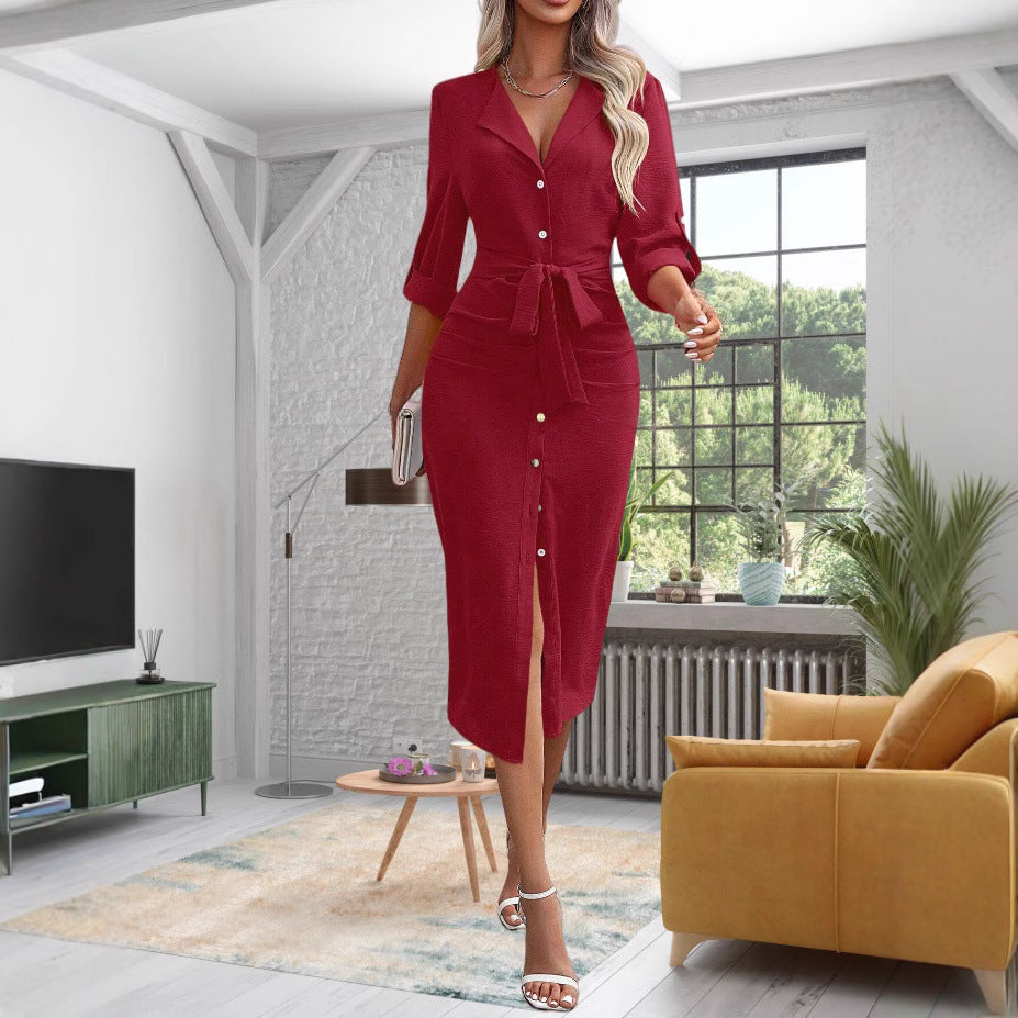 Damen Tailliertes Hemdblusenkleid aus Crinkle-Jersey mit Bindegürtel und Frontschlitz Shop Nory