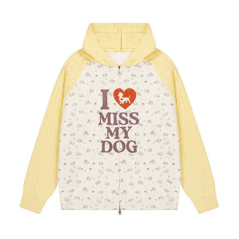 Damen Kapuzen‑Strickjacke mit durchgehendem Reißverschluss, gerippten Ärmeln und Hunde‑Statement‑Print Shop Nory