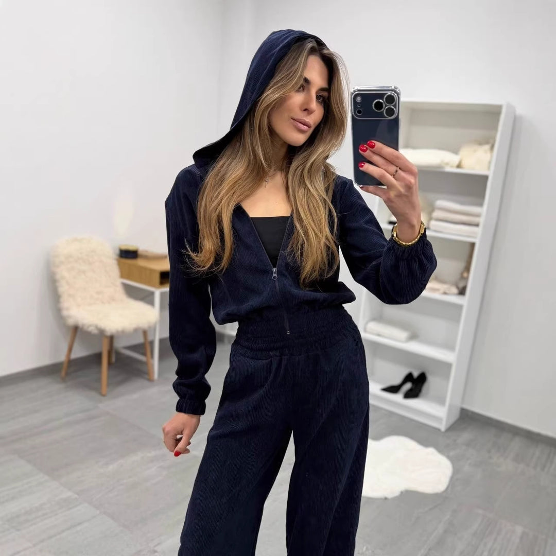 Damen weiches Cordvelours-Zweiteiler mit kurzer Kapuzenzipjacke und weiter Komforthose Shop Nory