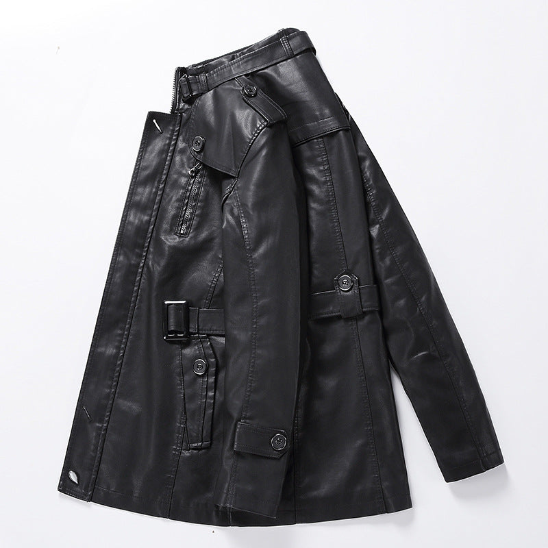 Herren Taillierter Leder-Trench mit Gürtel und Ziernähten Shop Nory