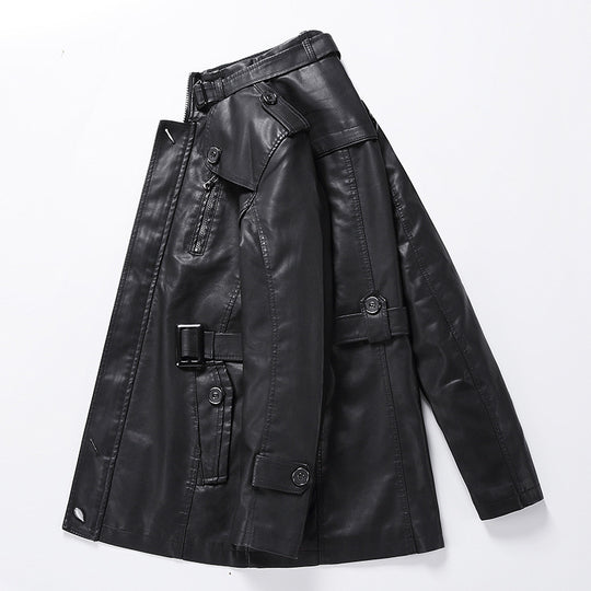 Herren Taillierter Leder-Trench mit Gürtel und Ziernähten Shop Nory