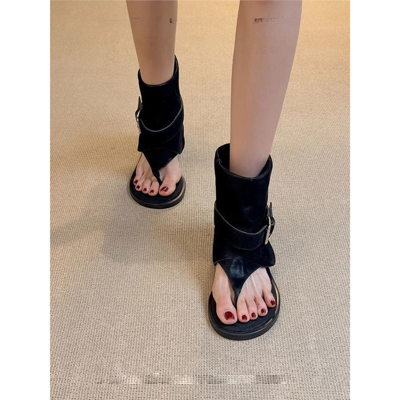 Damen Offene Sandalen‑Stiefelette mit Sockenkragen und Schnallenriemen Shop Nory