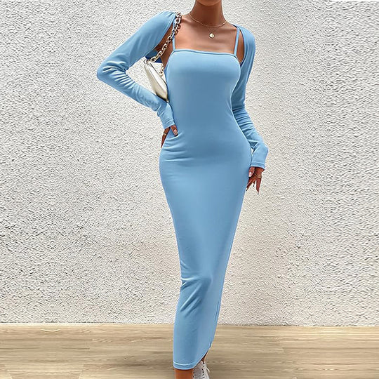 Damen schlankes Maxikleid mit Spaghettiträgern und abnehmbaren Bolero-Ärmeln Shop Nory