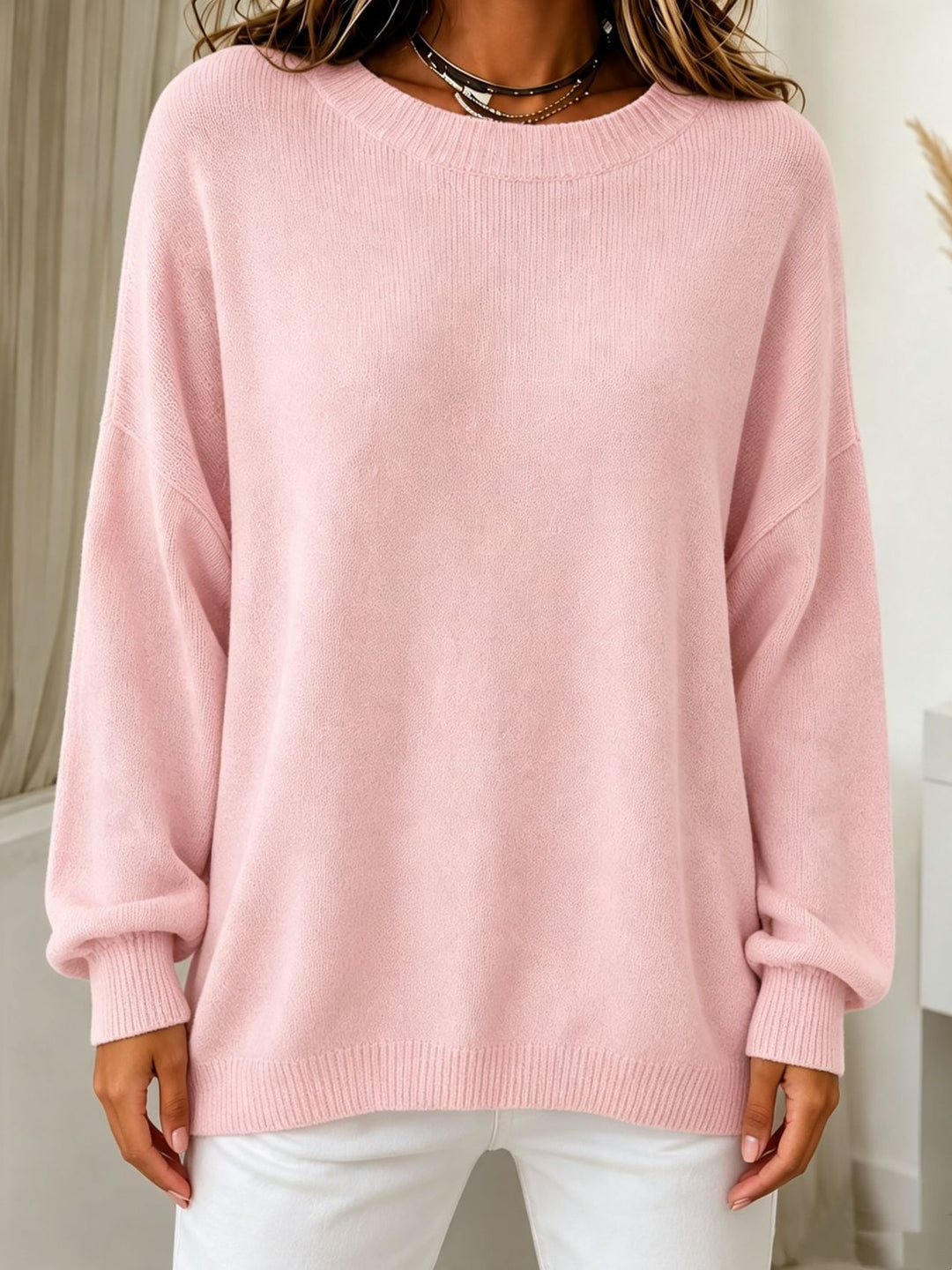 Damen Leichter Cashmere‑Touch Pullover mit Rundhalsausschnitt, überschnittener Schulter und gerippten Bündchen Shop Nory
